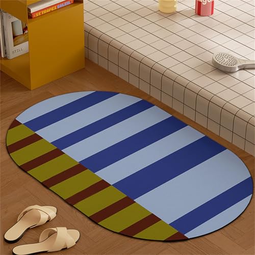 Odot Badematte rutschfest, Colorblock-Streifen Schnelltrocknende Badezimmerteppich Super Saugfähig Kieselgur Duschmatte Absorbierende Badvorleger für Badewannen Badezimmer (Blau,45x75cm) von Odot