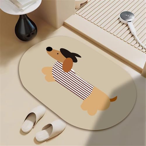 Odot Badematte rutschfest, Dackel-Druck Schnelltrocknende Badezimmerteppich Super Saugfähig Kieselgur Duschmatte Absorbierende Badvorleger für Dusche Badewannen und Badezimmer (Khaki,50x80cm) von Odot