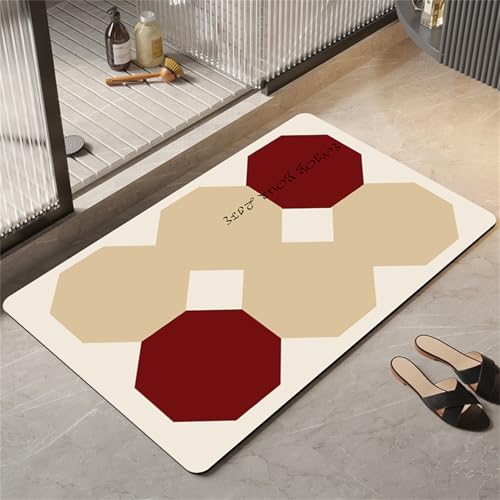 Odot Badematte rutschfest, Einfaches Achteck Schnelltrocknende Badezimmerteppich Super Saugfähig Kieselgur Duschmatte Absorbierende Badvorleger für Dusche Badewannen Badezimmer (Rot,50x80cm) von Odot