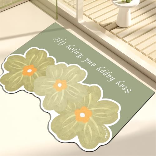 Odot Badematte rutschfest, Grüne Blumenserie Schnelltrocknende Badezimmerteppich Super Saugfähig Kieselgur Duschmatte Absorbierende Badvorleger für Badewannen Badezimmer (Grün 1,45x70cm) von Odot
