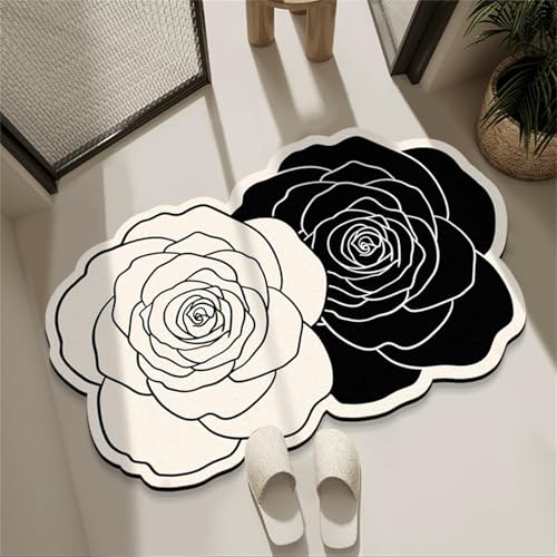 Odot Badematte rutschfest, Kamelienmuster Schnelltrocknende Badezimmerteppich Super Saugfähig Kieselgur Duschmatte Absorbierende Badvorleger für Badewannen und Badezimmer (Schwarz Weiß,50x80cm) von Odot