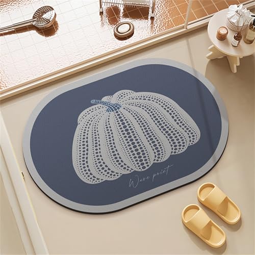 Odot Badematte rutschfest, Kürbismuster Schnelltrocknende Badezimmerteppich Super Saugfähig Kieselgur Duschmatte Absorbierende Badvorleger für Dusche Badewannen Badezimmer (Blau 1,40x60cm) von Odot