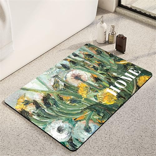 Odot Badematte rutschfest, Ölgemäldepflanzen Schnelltrocknende Badezimmerteppich Super Saugfähig Kieselgur Duschmatte Absorbierende Badvorleger für Dusche Badezimmer Toilette (Löwenzahn,45x70cm) von Odot