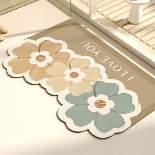 Odot Badematte rutschfest, Süßer Blumendruck Schnelltrocknende Badezimmerteppich Super Saugfähig Kieselgur Duschmatte Absorbierende Badvorleger für Dusche Badewannen (Khaki,80x120cm) von Odot