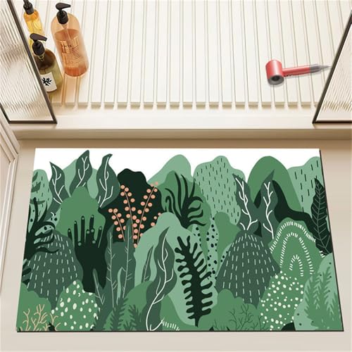 Odot Badematte rutschfest, Tropische Blätter Schnelltrocknende Badezimmerteppich Super Saugfähig Kieselgur Duschmatte Absorbierende Badvorleger für Dusche Badewannen (Grün 6,40x60cm) von Odot