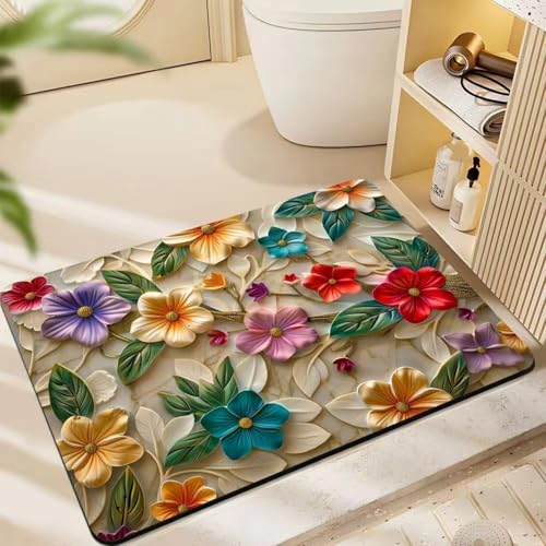 Odot Badematte rutschfest Schnelltrocknende Badezimmerteppich Saugfähig Kieselgur Duschmatte Absorbierende Badvorleger für Dusche Badewannen Badezimmer, 5D Blumen (Gelb,50x80cm) von Odot