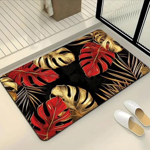 Odot Badematte rutschfest Schnelltrocknende Badezimmerteppich Saugfähig Kieselgur Duschmatte Absorbierende Badvorleger für Dusche Badewannen Badezimmer - 3D Grüne Monstera (Golden Rot,60x90cm) von Odot