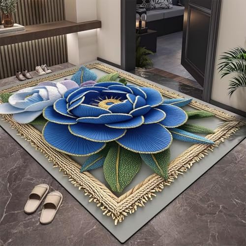 Odot Badematte rutschfest Schnelltrocknende Badezimmerteppich Saugfähig Kieselgur Duschmatte Absorbierende Badvorleger für Dusche Badewannen Badezimmer - 5D Bunte Blumen (Blau,80x120cm) von Odot