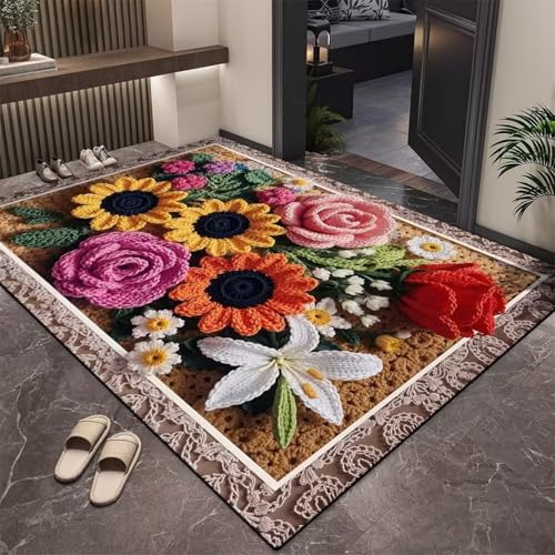Odot Badematte rutschfest Schnelltrocknende Badezimmerteppich Saugfähig Kieselgur Duschmatte Absorbierende Badvorleger für Dusche Badewannen Badezimmer - 5D Bunte Blumen (Rose,50x80cm) von Odot