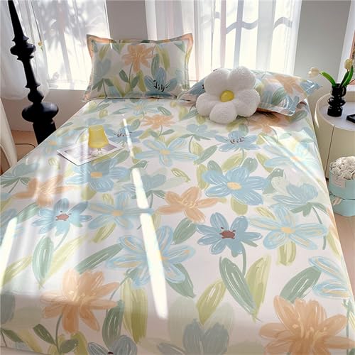 Odot Baumwolle Spannbettlaken, Floral Spannbetttücher für Boxspringbetten, Superweiches Spannbetttuch Bettlaken für Kinder Einzelbett Doppelbett (90x200cm,Blaue Blumen) von Odot