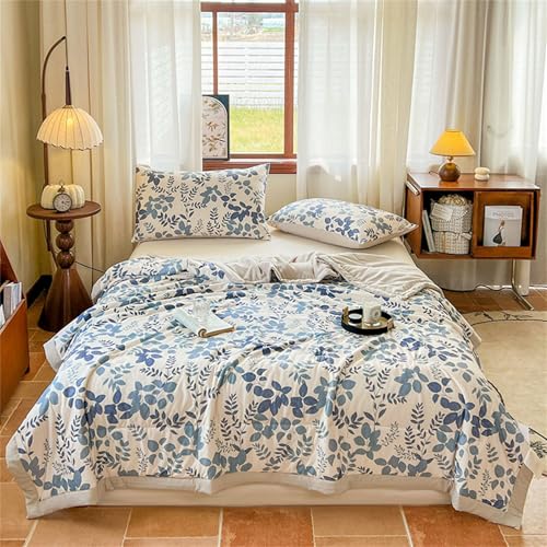 Odot Bettdecke Ohne Bezug Nutzbar Winter, 2,5 Tog Waschbare Bettdecke Ohne Bezug Dünne Sommerbettdecke Leicht Doppelseitige Sommerdecke für Bett Sofa (Blaue Blätter,220 * 240cm) von Odot