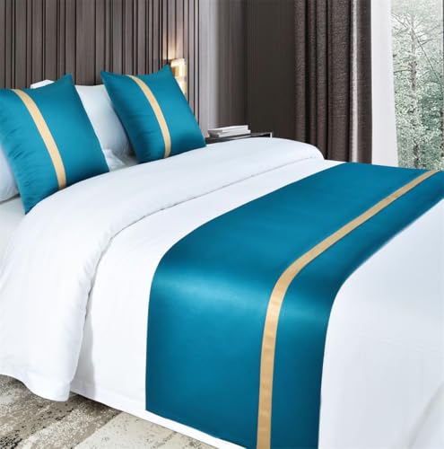 Odot Bettläufer mit Kissen Set, Bettläufer für den Fuß des Bettes mit Passende Kissenbezug Weich Mode Satin Bettlaufer für Gästehaus Hotel Schlafzimmer Dekoration (Blau,50x240cm) von Odot