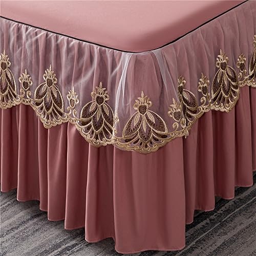 Odot Bettrock Rüschen, Vintage Stil Spitze Design Solide Farbe Spannbettlaken mit Volant Elastische Bettvolants Matratzenschoner Spannbetttücher Spannbetttuch Bettlaken (150x200cm,Rosa) von Odot