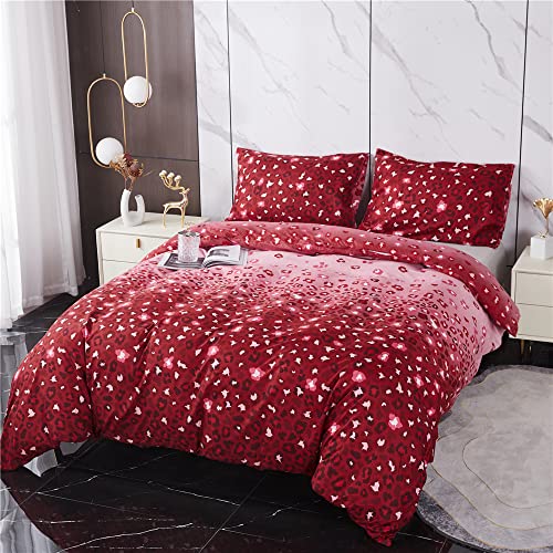 Odot Bettwäsche Set 3 Teilig Leopardenmuster Weiche Reißverschluss Atmungsaktive Mikrofaser Bettbezüge und 2 Kissenbezug 50x75 cm, Bettbezug für Einzelbett und Doppelbett (Rot,135x200cm) von Odot