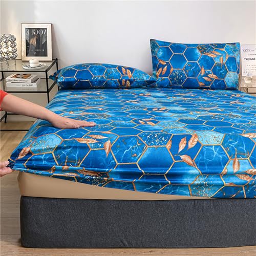 Odot Blatt Muster Spannbettlaken Elastisch, Geometrisch Hexagon Drucken Spannbetttücher bis 25cm/30cm Tiefe Taschen Spannbetttuch Weiche Spannleintuch für Boxspringbetten (90x200x25cm,Königsblau) von Odot