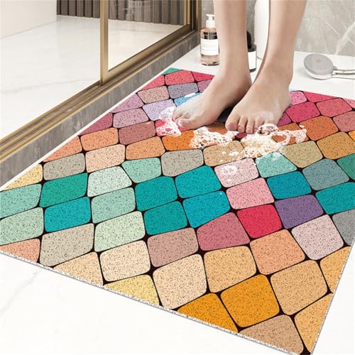 Odot Duschmatte rutschfest,Schnelltrocknend PVC-Luffa Badewannenmatte,Badezimmerteppich mit Ablaufloch,Bunt Wasserdurchlässig Badteppich,Duschvorleger Badewanne/Nassbereiche (Bunt 3,50x80cm) von Odot