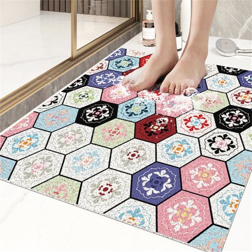 Odot Duschmatte rutschfest,Schnelltrocknend PVC-Luffa Badewannenmatte,Badezimmerteppich mit Ablaufloch,Bunt Wasserdurchlässig Badteppich,Duschvorleger Badewanne/Nassbereiche (Mehrfarbig,45x75cm) von Odot