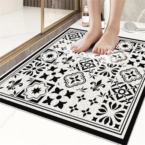 Odot Duschmatte rutschfest,Schnelltrocknend PVC-Luffa Badewannenmatte,Badezimmerteppich mit Ablaufloch,Bunt Wasserdurchlässig Badteppich,Duschvorleger Badewanne/Nassbereiche (Schwarz Weiß,90x120cm) von Odot