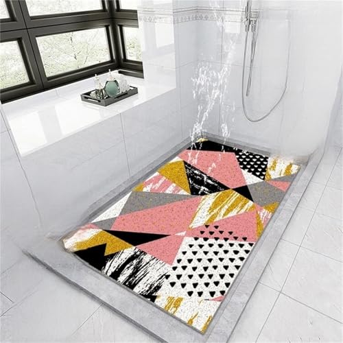 Odot Duschmatte rutschfest,Schnelltrocknend PVC-Luffa Badewannenmatte,Badezimmerteppich mit Ablaufloch,Geometrische Streifen Badteppich,Duschvorleger für Badewanne/Nassbereiche (Rosa,90x120cm) von Odot