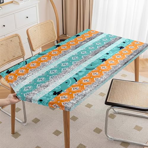 Odot Elastische Rechteckige Tischdecke, Abwischbare Tischtuch Draussen, 3D-Böhmisch Tischdecke für Outdoor Klapptisch Terrasse Picknick Camping Esszimmer Küche (4ft:122x76cm,Blau Orange) von Odot