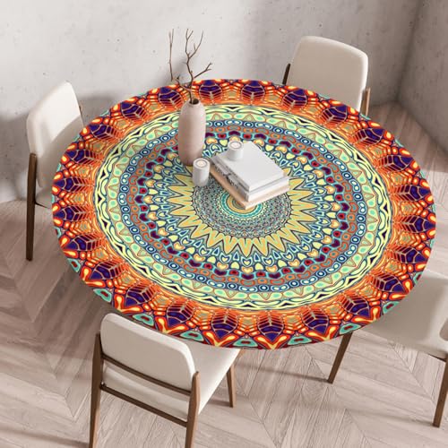 Odot Elastische Tischdecke Rund Ourdoor Tischdecke Abwaschbar Abwischbar Wasserdicht Gartentischdecken Tischtuch Schmutzabweisend für Garten Partys Kaffee, Mosaikkunst (Blatt,60cm) von Odot