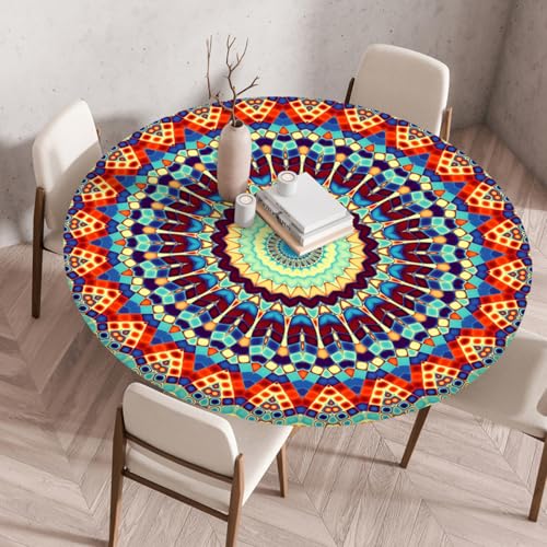 Odot Elastische Tischdecke Rund Ourdoor Tischdecke Abwaschbar Abwischbar Wasserdicht Gartentischdecken Tischtuch Schmutzabweisend für Garten Partys Kaffee, Mosaikkunst (Glas,100cm) von Odot