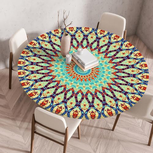 Odot Elastische Tischdecke Rund Ourdoor Tischdecke Abwaschbar Abwischbar Wasserdicht Gartentischdecken Tischtuch Schmutzabweisend für Garten Partys Kaffee, Mosaikkunst (Grün,60cm) von Odot