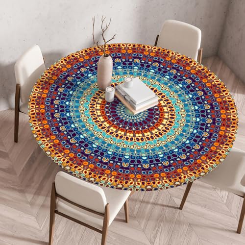 Odot Elastische Tischdecke Rund Ourdoor Tischdecke Abwaschbar Abwischbar Wasserdicht Gartentischdecken Tischtuch Schmutzabweisend für Garten Partys Kaffee, Mosaikkunst (Mandala,130cm) von Odot