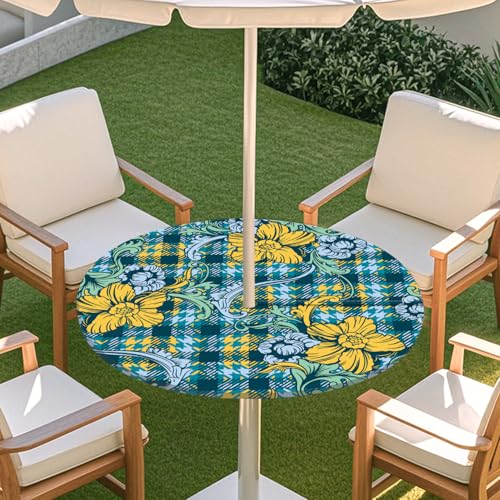 Odot Elastische Tischdecke Runde Outdoor mit Loch und Reißverschluss, Wasserdicht Abwaschbar Tischtuch Klassisches Plaid Wetterfest Gartentischdecke für Sonnenschirm (Hahnentrittmuster,M:91-112cm) von Odot