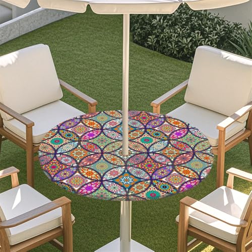 Odot Elastische Tischdecke Runde Outdoor mit Loch und Reißverschluss, Wasserdicht Abwaschbar Tischtuch Tischdecke Wetterfest Gartentischdecke für Sonnenschirm (Klassisches Bohemian 2,M:91-112cm) von Odot