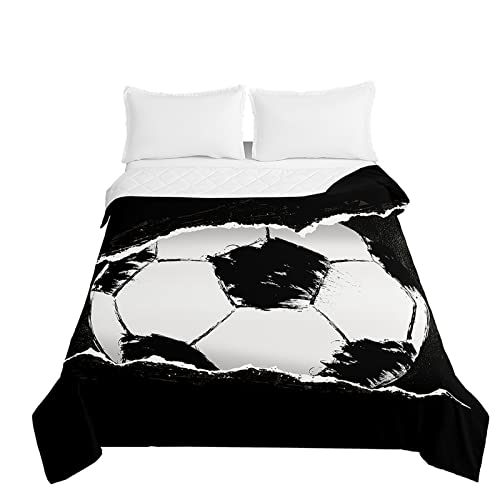 Odot Fußball Steppdecke Tagesdecke Gesteppte Bettüberwurf für Doppelbett Einzelbett Kinder Bettdecke Stepp Decke Tagesdecken Wohndecke Alle Jahreszeiten (200x230cm,Schwarzer Fußball) von Odot
