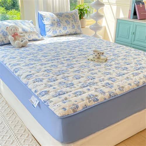 Odot Gesteppt Spannbettlaken Mikrofaser, Spannbetttuch Elastisch Weich Atmungsaktiv Spannleintuch Knitterfrei Spannbetttücher Bettlaken für Einzelbett Doppelbett (Blau Blume A,120x200+30cm) von Odot