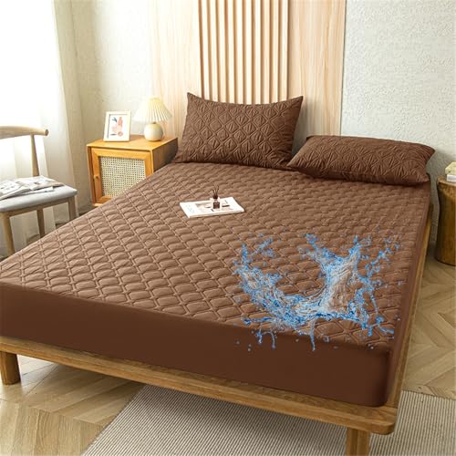 Odot Gesteppte Spannbettlaken Wasserdicht Weicher Verdickter Matratzenschoner Rutschfester Doppeltes Einzelbett bettspanntuch Topper-Overlays Spannbetttücher, Einfarbig (Braun,200x200+28cm) von Odot