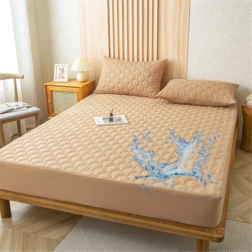 Odot Gesteppte Spannbettlaken Wasserdicht Weicher Verdickter Matratzenschoner Rutschfester Doppeltes Einzelbett bettspanntuch Topper-Overlays Spannbetttücher, Einfarbig (Khaki,150x200+28cm) von Odot