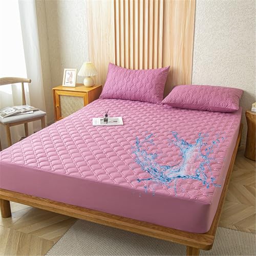 Odot Gesteppte Spannbettlaken Wasserdicht Weicher Verdickter Matratzenschoner Rutschfester Doppeltes Einzelbett bettspanntuch Topper-Overlays Spannbetttücher, Einfarbig (Rosa lila,90x200+28cm) von Odot