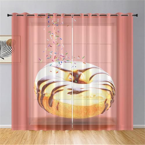 Odot Halbtransparente Vorhänge, 3D Donut Muster Voile Vorhang mit Ösen 2er Set Gardinen Vorhang Ösenvorhang Fensterschal Moderne Vorhänge Fenster für Wohnzimmer (Donut 2,132x213cm) von Odot