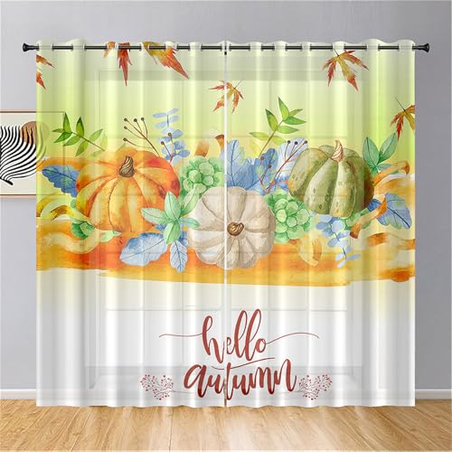 Odot Halbtransparente Vorhänge, 3D Erntedank Kürbis Muster Voile Vorhang mit Ösen 2er Set Gardinen Vorhang Ösenvorhang Fensterschal Moderne Vorhänge Fenster (80x115cm,Hallo Herbst) von Odot