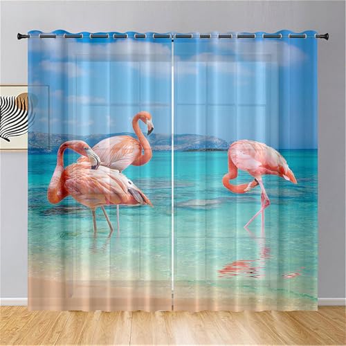 Odot Halbtransparente Vorhänge, 3D Flamingo Drucken Voile Vorhang mit Ösen 2er Set Gardinen Vorhang Ösenvorhang Fensterschal Moderne Vorhänge Fenster für Wohnzimmer (80x115cm,Blau Ozean) von Odot