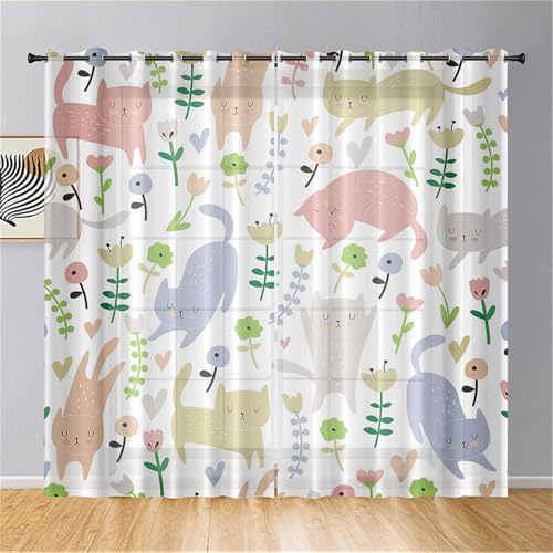 Odot Halbtransparente Vorhänge, 3D Katze Muster Voile Vorhang mit Ösen 2er Set Gardinen Vorhang Ösenvorhang Fensterschal Moderne Vorhänge Fenster für Wohnzimmer (132x182cm,Blumen Blatt) von Odot