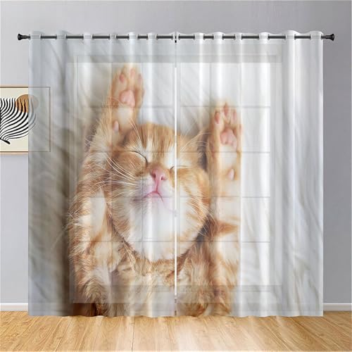 Odot Halbtransparente Vorhänge, 3D Katze Muster Voile Vorhang mit Ösen 2er Set Gardinen Vorhang Ösenvorhang Fensterschal Moderne Vorhänge Fenster für Wohnzimmer (140x275cm,Khaki Katze) von Odot