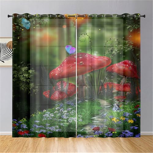 Odot Halbtransparente Vorhänge, 3D Pilz Muster Voile Vorhang mit Ösen 2er Set Gardinen Vorhang Ösenvorhang Fensterschal Moderne Vorhänge Fenster für Wohnzimmer (140x160cm,Rot Pilz) von Odot