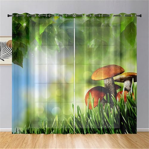 Odot Halbtransparente Vorhänge, 3D Pilz Muster Voile Vorhang mit Ösen 2er Set Gardinen Vorhang Ösenvorhang Fensterschal Moderne Vorhänge Fenster für Wohnzimmer (140x275cm,Grün Gras) von Odot