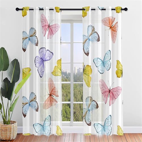 Odot Halbtransparente Vorhänge, 3D Schmetterling Muster Voile Vorhang mit Ösen 2er Set Gardinen Vorhang Ösenvorhang Fensterschal Moderne Vorhänge Fenster (140x160cm,Bunt Schmetterling) von Odot