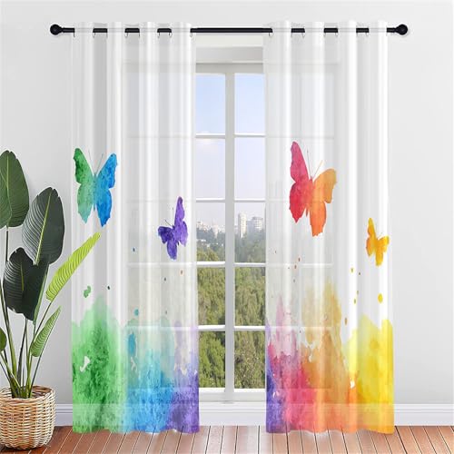 Odot Halbtransparente Vorhänge, 3D Schmetterling Muster Voile Vorhang mit Ösen 2er Set Gardinen Vorhang Ösenvorhang Fensterschal Moderne Vorhänge Fenster (140x160cm,Gradientenfarbe) von Odot