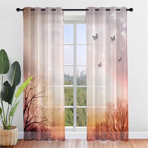 Odot Halbtransparente Vorhänge, 3D Schmetterling Muster Voile Vorhang mit Ösen 2er Set Gardinen Vorhang Ösenvorhang Fensterschal Moderne Vorhänge Fenster (140x275cm,Wald) von Odot