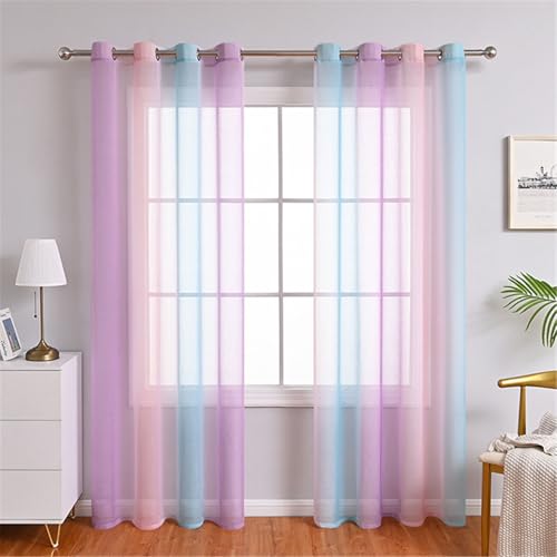 Odot Halbtransparente Vorhänge, Farbverlauf Bunt Streifen Voile Vorhang mit Ösen 2er Set Gardinen Vorhang Ösenvorhang Fensterschal Moderne Vorhänge Fenster für Wohnzimmer (Lila + Blau,100x250cm) von Odot