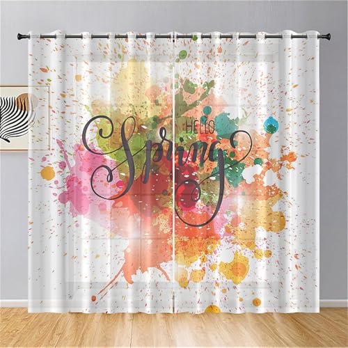 Odot Halbtransparente Vorhänge, Frühling Stil 3D Drucken Voile Vorhang mit Ösen 2er Set Gardinen Vorhang Ösenvorhang Fensterschal Moderne Vorhänge Fenster für Wohnzimmer (107x160cm,Aquarell) von Odot