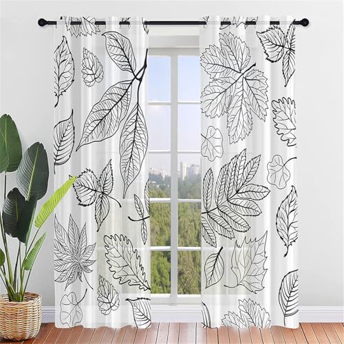 Odot Halbtransparente Vorhänge,3D Herbst Ahornblatt Muster Voile Vorhang mit Ösen 2er Set Gardinen Vorhang Ösenvorhang Fensterschal Moderne Vorhänge Fenster für Küche (107x160cm,Blätter) von Odot