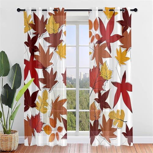 Odot Halbtransparente Vorhänge,3D Herbst Ahornblatt Muster Voile Vorhang mit Ösen 2er Set Gardinen Vorhang Ösenvorhang Fensterschal Moderne Vorhänge Fenster für Küche (107x160cm,Herbst Stil) von Odot