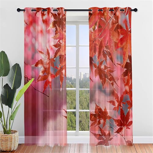 Odot Halbtransparente Vorhänge,3D Herbst Ahornblatt Muster Voile Vorhang mit Ösen 2er Set Gardinen Vorhang Ösenvorhang Fensterschal Moderne Vorhänge Fenster für Küche (132x160cm,Rot Ahornblatt) von Odot